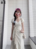 New Super Fairy Gentle Wind V-Neck Dress Holiday Wind Woman Waist Irregular Lotus Leaf Side First Love A Word Long Dress