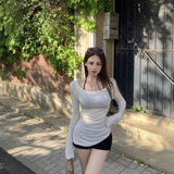 Spice Girls Sexy Slanted Shoulder Long Sleeve T-Shirt Girl Summer Repair Sunscreen Shirt Irregular Casual Chic White Teater