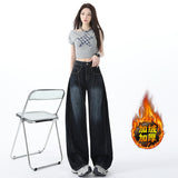 1101 # Single Retro Embroidered Broad-Legged Jeans Women's Loose Drag Trousers 1