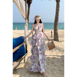2026 High-End French Holiday Style White Violet Verb Flower Hanging Neck Chiffon Cake Dress Femininity Dress Super Fairy