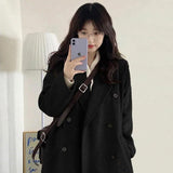 Double Buckle Black Hair This Coat Female Hepburn Wind This Coat Small Autumn Winter New Korean Retro Trend