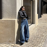 25 Autumn And Winter New Retro Fold Design High Waist Display Thin Leg Tug Jeans Women Blue Trousers
