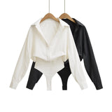 Korean White Fake Two-Piece Design Hottie Repair Long-Sleeved Hottie Sexy Conjoined Shirt Autumn