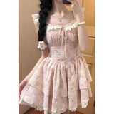 French First Love Sweet Little Flying Sleeves Broken Floral Dress Women Summer Waists Show Skinny Little Princess Puff Short Skirt