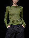 High-End Long-Sleeved Round-Neck T-Shirt For Women's Autumn New Green Simple Leisure With Thin Mask T-Shirt