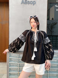 Spring And Autumn 2025 Retro National Lantern Long-Sleeved V-Neck Loose Embroidery Jacket Female Gas Top