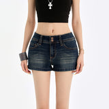 Vintage Low-Rise Double-Buckle Denim Shorts Women's Summer Design Feel-Up Elastic Skinny Hot Trousers