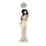 Temperament Pure Wind Irregular Lace Sling Dress Women Summer Waist Thin Holiday Wind Bag Hip Long Skirt