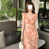 2026 New High-Waisted Small Skirt Tea Break French Pink Lotus Flakes V-Neck Sleeveless Dress Woman