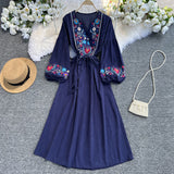 Seaside Holiday Dress Female Bohemian Beach Dress Super Fairy National Embroidery Lantern Sleeve Style Dress