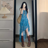 Holiday Style Retro Floral Sling Dress Women's Summer Design Irregular Dress To Collect Waist Thin A Skirt