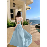 2026 French High-End Light Blue Hollow Hanging Neck Dress Sexy Folded Holiday Dress Summer