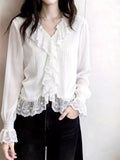 Romantic/French Silk Lotus Edge V-Neck Heavy Industry Lace Elegant Relaxation Long-Sleeved Shirt