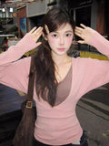 Sweet Pure-Want Suit Women's Winter V-Neck Long Sleeves With Slings To Collect Thin Tops