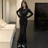 Autumn And Winter Wear A Set Of Women's Fashion Leisure Slim Thin Open Fork Long-Sleeved T-Shirt Broad Leg Pants Two Sets Of Women