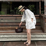 White Sunscreen Shirt With Tight Waist Shorts Summer Thin Old Money Style Wearing Linen Cotton Suit
