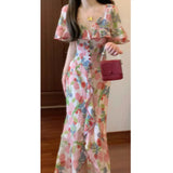 2025 Summer French Retro Lotus Loaf Cloak Fog Rose-Colored Romantic Waist Show Thin Fairy Fluttering Flower Skirt