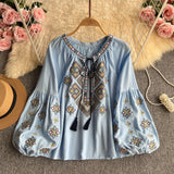 Bohemian Heavy Industry Embroidered Tuxedo Women's Spring Long Sleeves Loose Meat Cover Lantern Sleeve Holiday Blouse