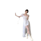 Ballet Style Tie With White Dress Woman 2026 Summer Bubble Sleeve Lotus Leaves Side Thin Dress Fairy Dress