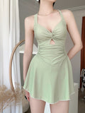 Swimsuit Women's Dress Han Broken Flowers Hanging Thin Girl Small Breast Gathering Conservative Swimsuit