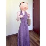 Hong Kong Style Retro Wave Point Hanging Neck Dress Female Summer French Holiday Style Temperament V. Waist Show Skinny Dress Purple