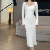 Curry Color Collar Splicing Lace Pit Knitted Dress Strapped Waist Long Sleeve Skirt