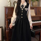 French College Style Black Dress Woman's New Spring And Autumn Teaching Interview Art Exam Adult Ceremony Fake Two Skirts