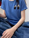 Unique Beautiful Miu Blue Kitten Short-Sleeved T-Shirt Girl 2026 Spring And Summer Super Fire Age Reduction Knitted Shirt Thin Top