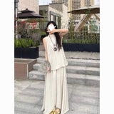 Cotton Tungsling Old Money Style Sports Suit Women's Summer Air Sleeveless Tops Wide Leg Trousers Casual Two Sets