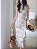 [Song Moon] High-Level Temperament Wave Dot Dress Female Side Of The Waist Linen Cotton French Dress
