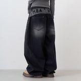 Korea Dongdaemun INS Retro After The Letter Design Feel Black Gray Loose Jeans LanÊÝ Trousers