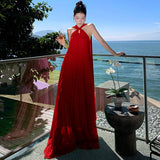 2025 Red Hanging Neck With A Hundred Folding Dress Dress Travel Vacation To Take Pictures Of The Folds Of Sanya Beach Dress