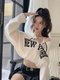 Fake Two V-Neck Print T-Shirt Girl Spring And Autumn Loose High-Waist Umbilly Twitching Short Tat