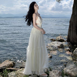 2025 French Heavy Industry Dress Swizzling Pure-Color Butterfly Sling Dress Two-Color Female Sanya Holiday Dress
