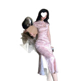 Breln Powder Bamboo Dream National Style New Chinese Style Improved Short-Sleeved Cheongsam Temperament Gentle Powder Dress
