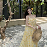 Seaside Holiday Yellow Print Sling Dress Woman 2025 New French Sexy Summer Beautiful Little Dress