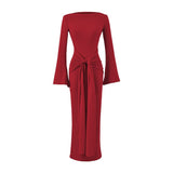 Rose Red Shoulder More Wearing French Spring And Autumn Sexy Dress Women Casual Commuting Horn Sleeves Thin Dress