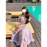 French Sweet Purple Sling Dress Woman Summer High Waist Thin Seaside Holiday Dress Dating Long Dress