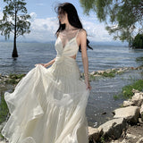 2025 French Heavy Industry Dress Swizzling Pure-Color Butterfly Sling Dress Two-Color Female Sanya Holiday Dress