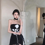 French Temperament High-Level Famous Lady Tset Thoracic Dress Women's Spring And Summer New Printed Mesh Splicing Bag Hip Dress