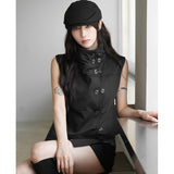 Korean Ins Niche Retro High-End Collar Double Buckle Thin Short Sleeveless Workwear Tin Front Of The Tatry Blouse Blouse