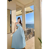 2026 French High-End Light Blue Hollow Hanging Neck Dress Sexy Folded Holiday Dress Summer