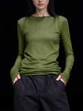2026 Senior Sense Long-Sleeved Round-Neck T-Shirt Women's New Green Simple Leisure Inside The Thin Mask T Top