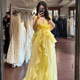 French Gentle Birthday Dress Niche Design Deep Back Sexy Seaside Holiday Yellow Holiday Dress