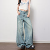Light Blue Water Wash Mid-Rise Splash Ink Print Design Sense Jeans Women 2026 Spring New To Do Old Thin