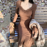 Sexy V-Neck Lace Spliced Long-Sleeved Dress Women In Autumn With Big Coats Small Man Toss Long Dress