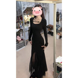 Black Fishtail Dress Women Spring Slimming Bag Hip Dress French Niche Design Beautiful Mesh Dress