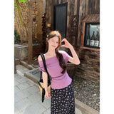Purple One-Word Shoulder Short-Sleeved T-Shirt Temperamental Blouse Female Summer Sweet Broken Flower Dress Gentle Fashion Suit Woman