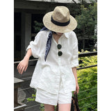 White Sunscreen Shirt With Tight Waist Shorts Summer Thin Old Money Style Wearing Linen Cotton Suit