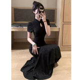 New Chinese Style Dark Flower Improved Cheongsam Women Summer Waist Thin Dress Buckle Design With The Hip Fishtail Skirt